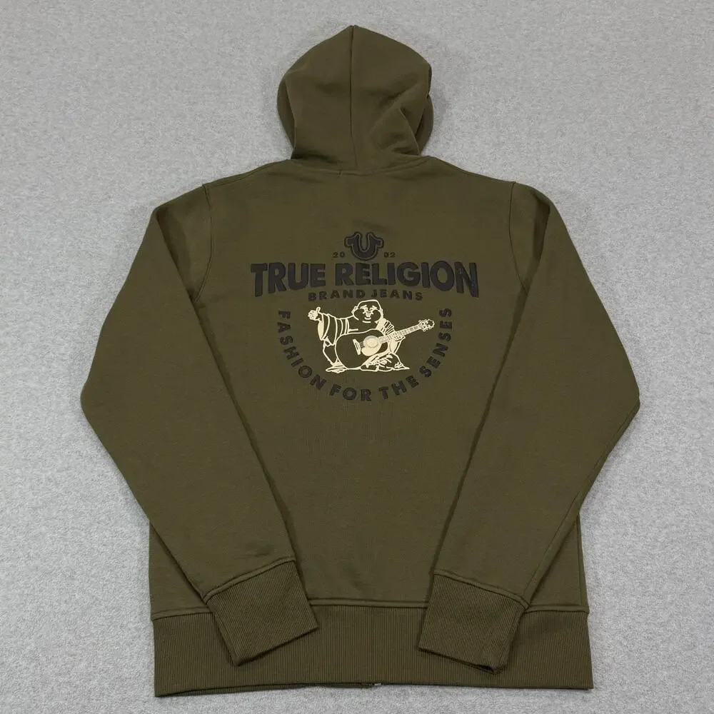 True Religion Core Zip Up Hoodie Mens Medium M Kalamata Olive Green Buddha NWT